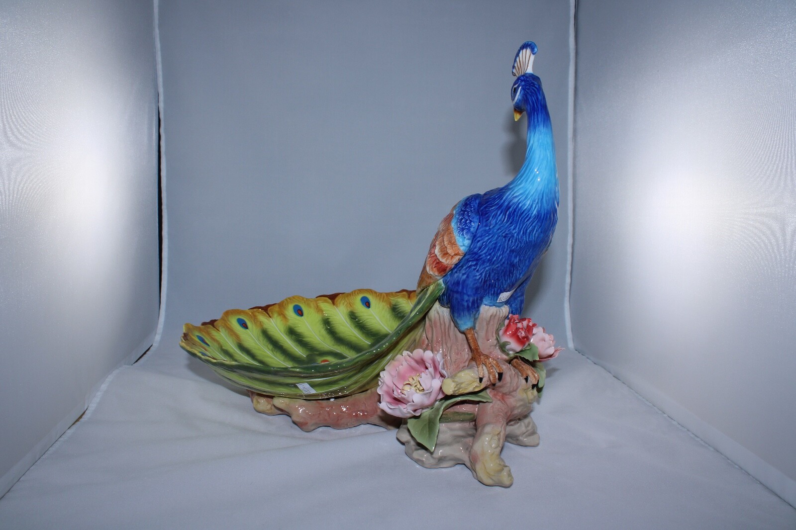 Cosmos Fine Porcelain Peacock Figurine Bowl with Floral Base – Hand-Painted Deco
