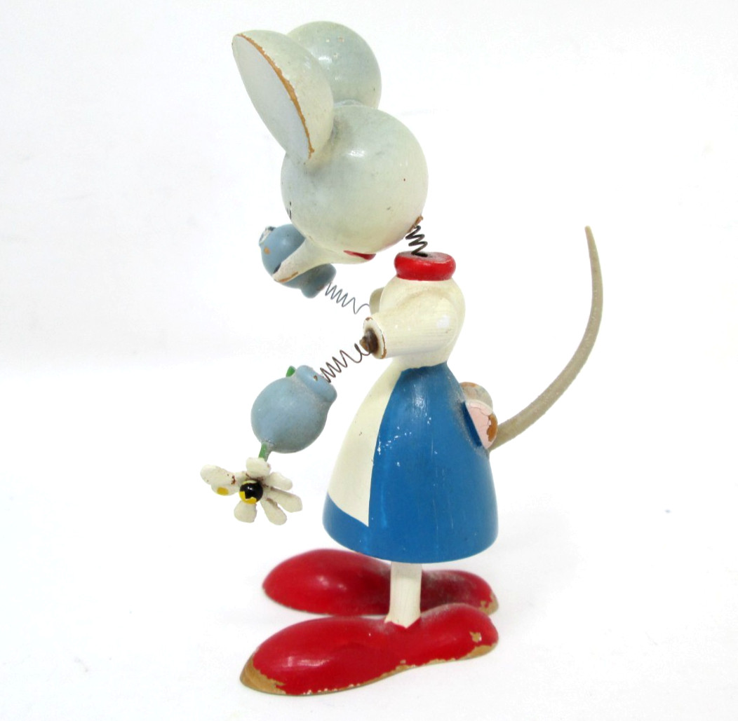 Vintage Goula Mouse Spring Bobble Head Wood Figurine Kitsch Anthropomorphic