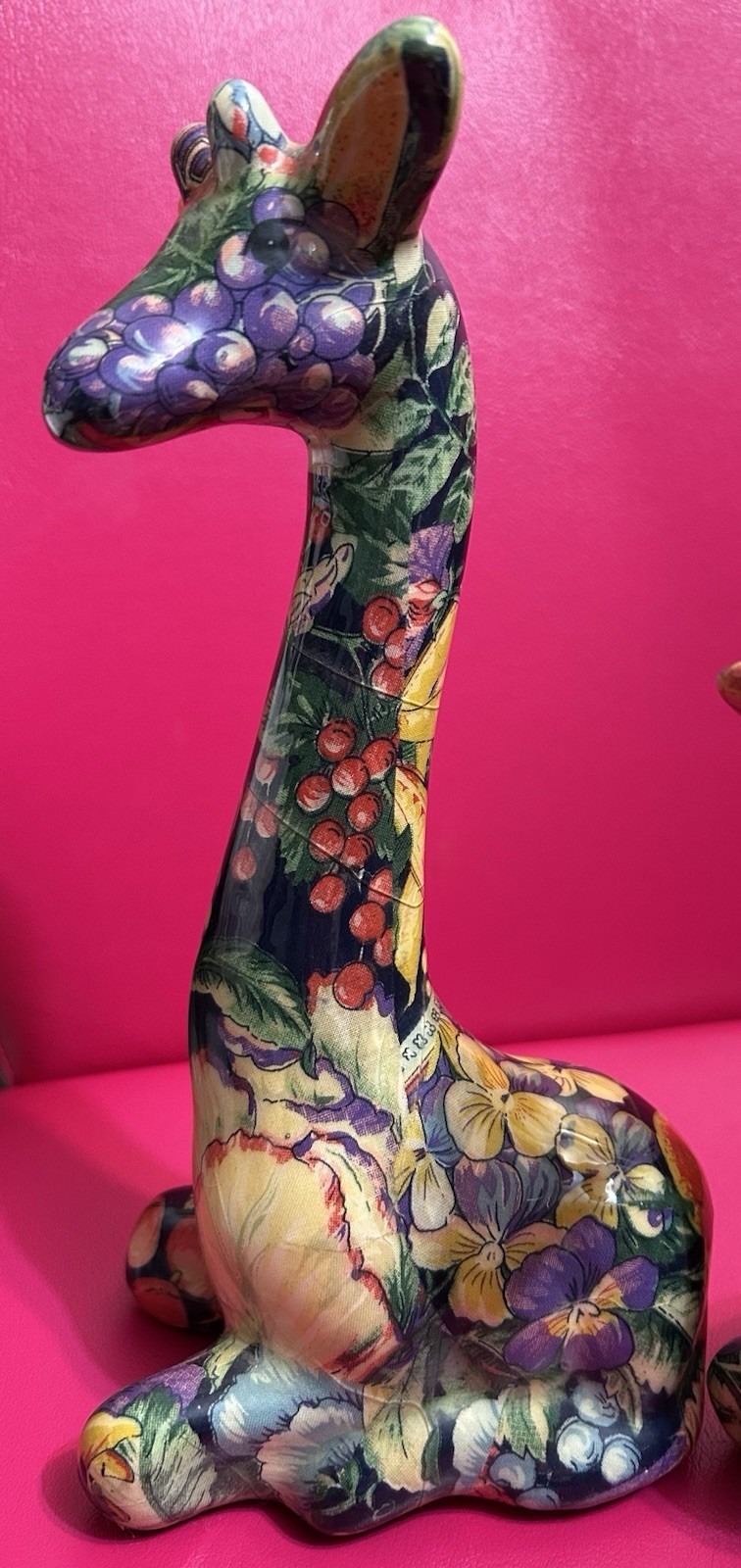 Vtg Patchwork Giraffes Mother & Baby Statue, Fruits & Floral Print, Cottagecore