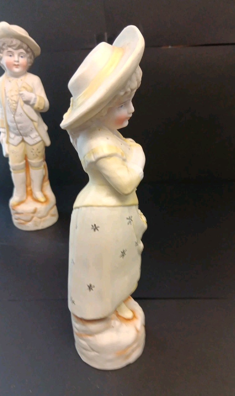 Antique Germany Bisque Porcelain Figurines Yellow 10.5 Inch High