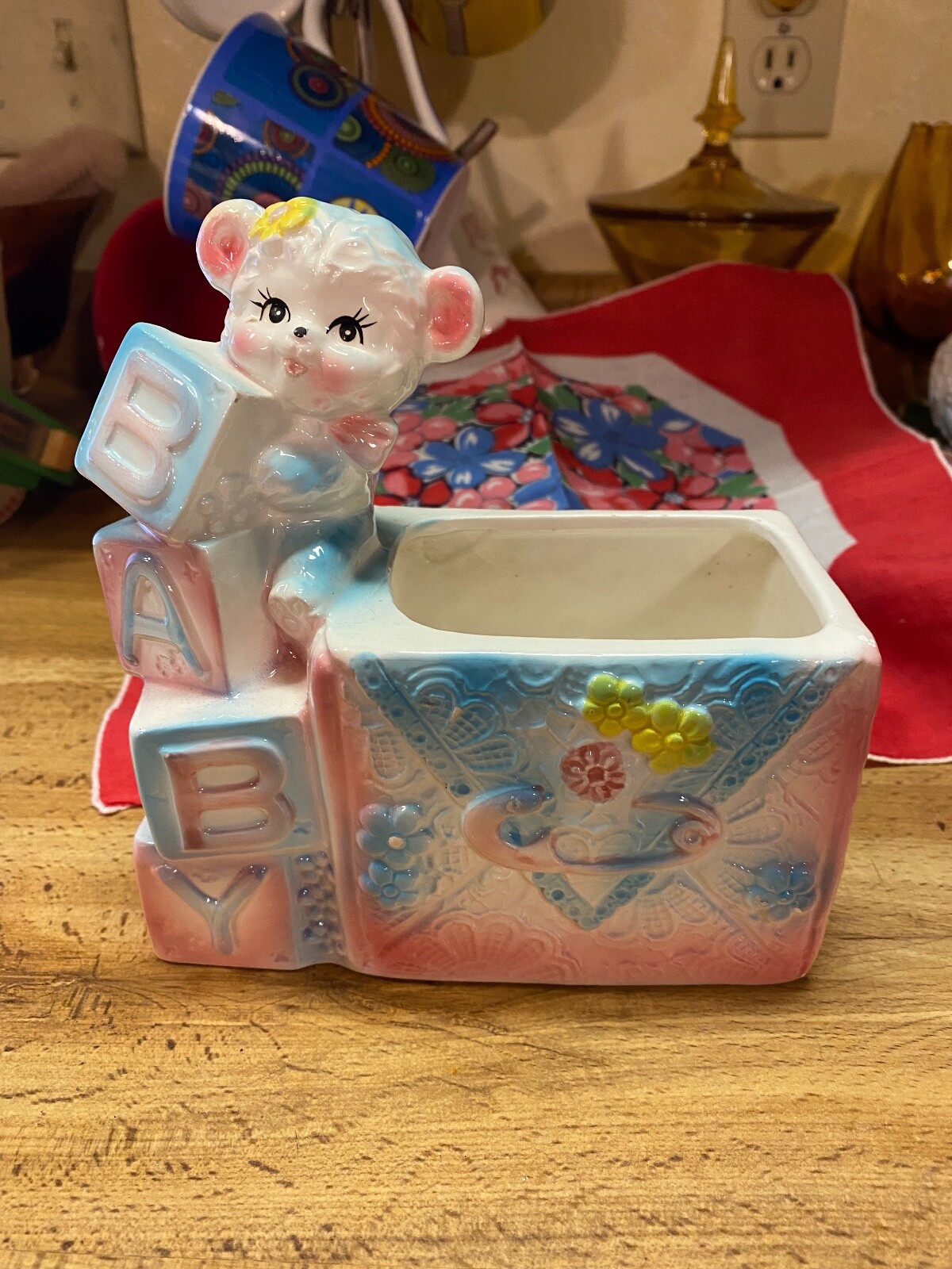 Porcelain Boy Girl Unisex Planter Flower Pot Candy Dish Gift Baby Bear Blocks