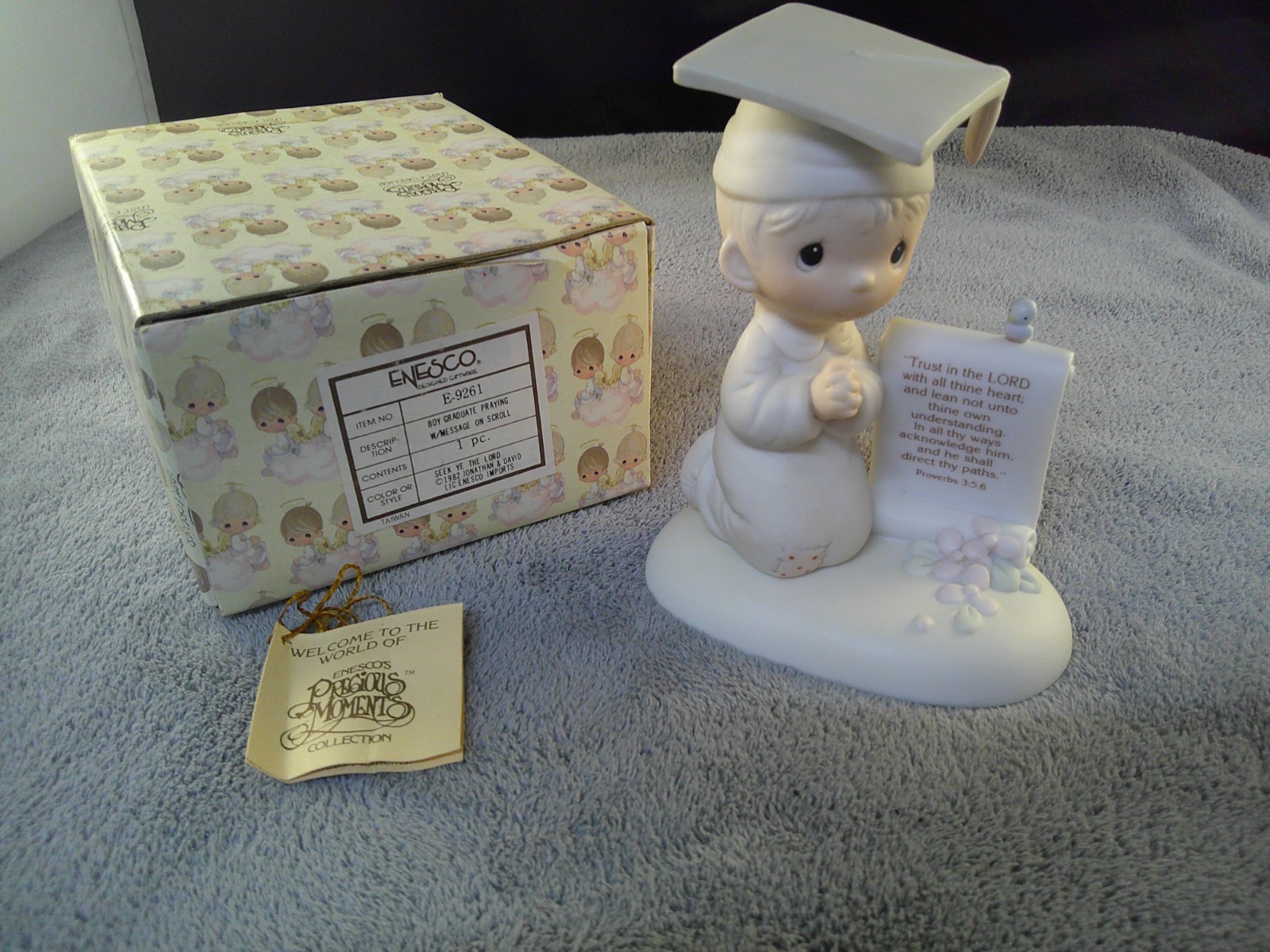 1982 Precious Moments E-9261 Seek Ye the Lord Boy Graduating Praying