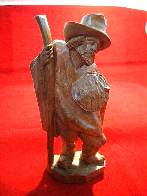 Vintage Hand Carved Wood Folk Art Peasant Man w/Staff and Basket 4″ X 8″