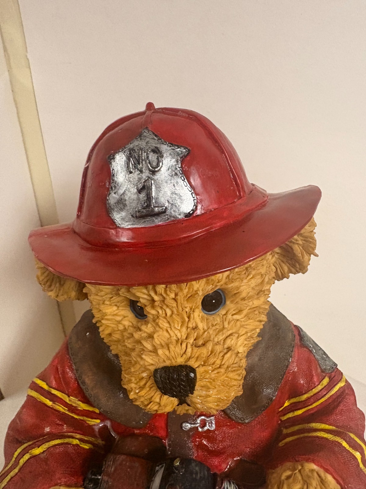 Vintage Large 10″ Resin Firefighter Teddy Bear Figurine W Fire Truck