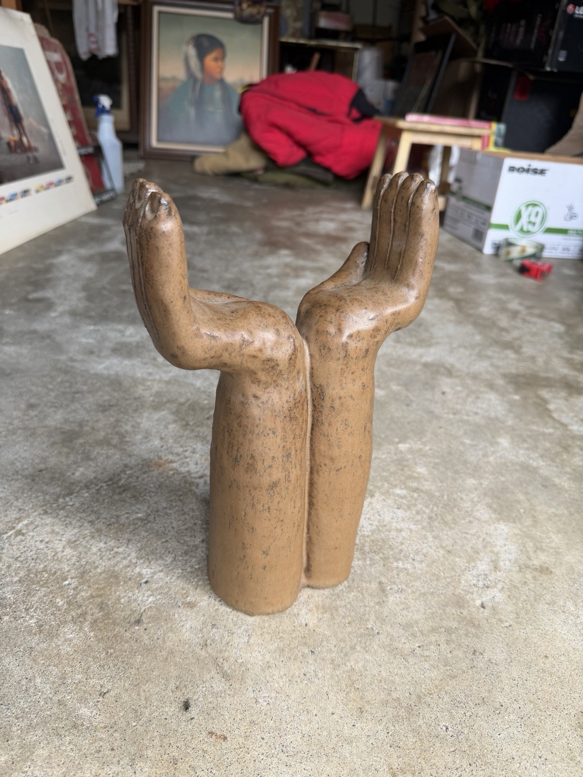 Vintage Mid Century MCM ceramic Hands Sculpture Folk Art Brown Glaze