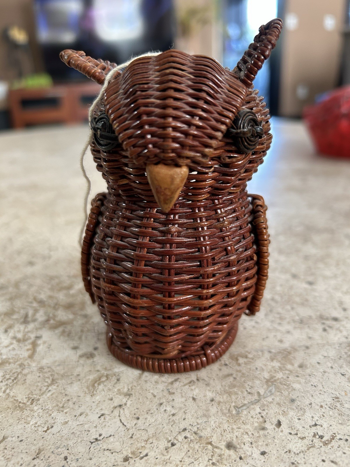 Vintage Yarn – String Holder , Free Standing Coated Wicker Owl, 4” Kitschy