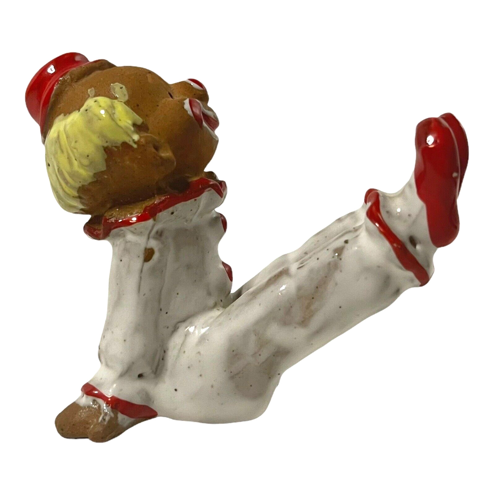 Clown Leg Raise Figurine Terra Cotta Clay Red White Glazed 3″ Napcoware