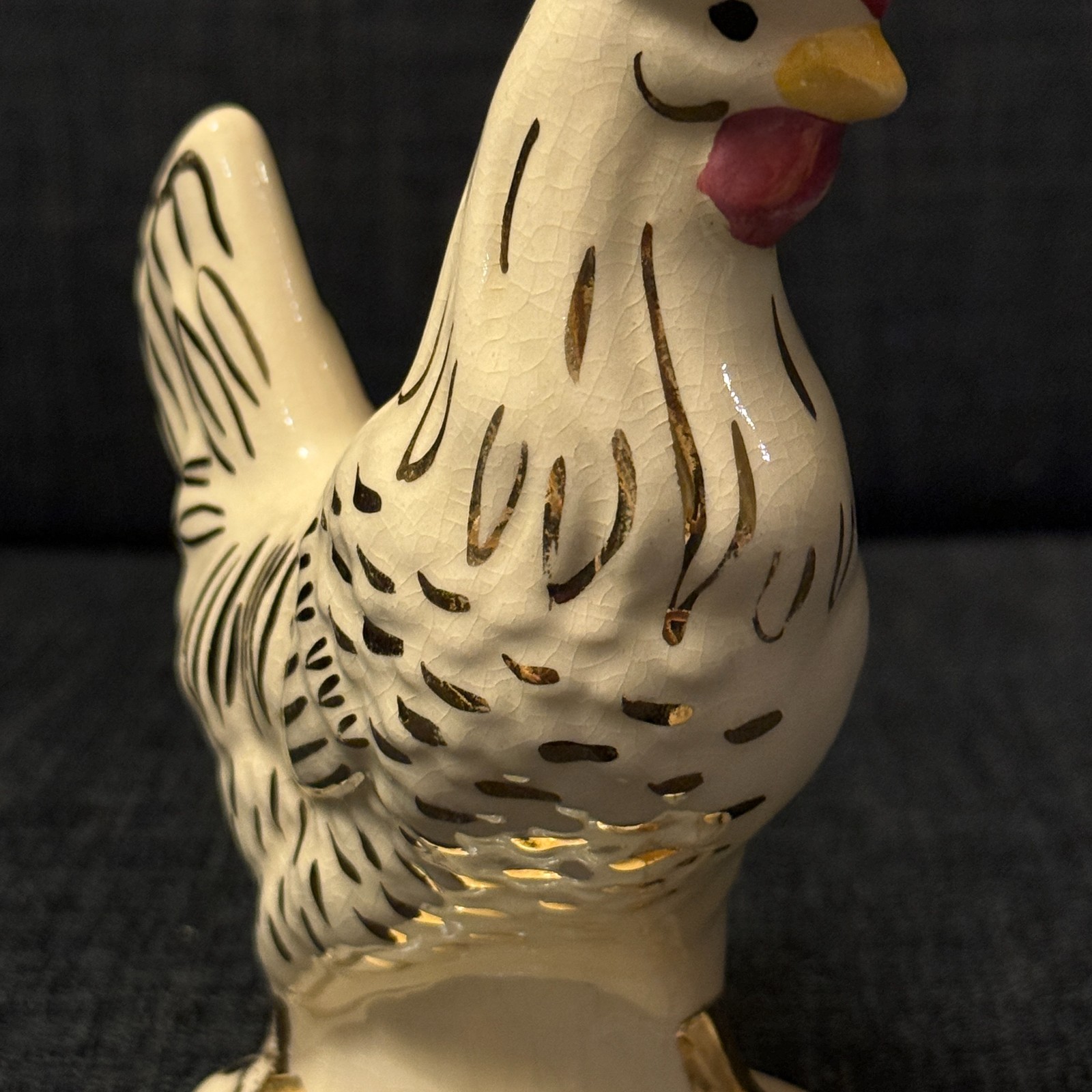 VTG Porcelain Rooster Chicken Hen Figurine Elegant White & Gold Accent Farmhouse