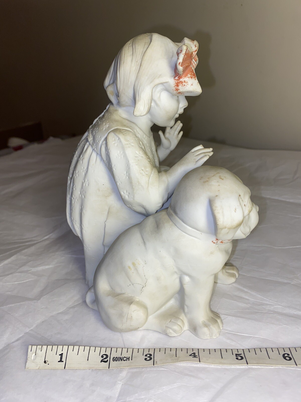 7” Vtg German Carl Schneider Bisque Porcelain Little girl dog Puppy Ceramic