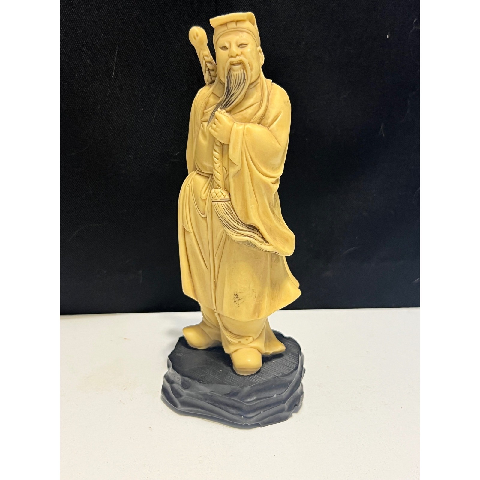 Vintage Chinese Resin Shou Lao Figurine 6″ God of Longevity Scholar Black Base