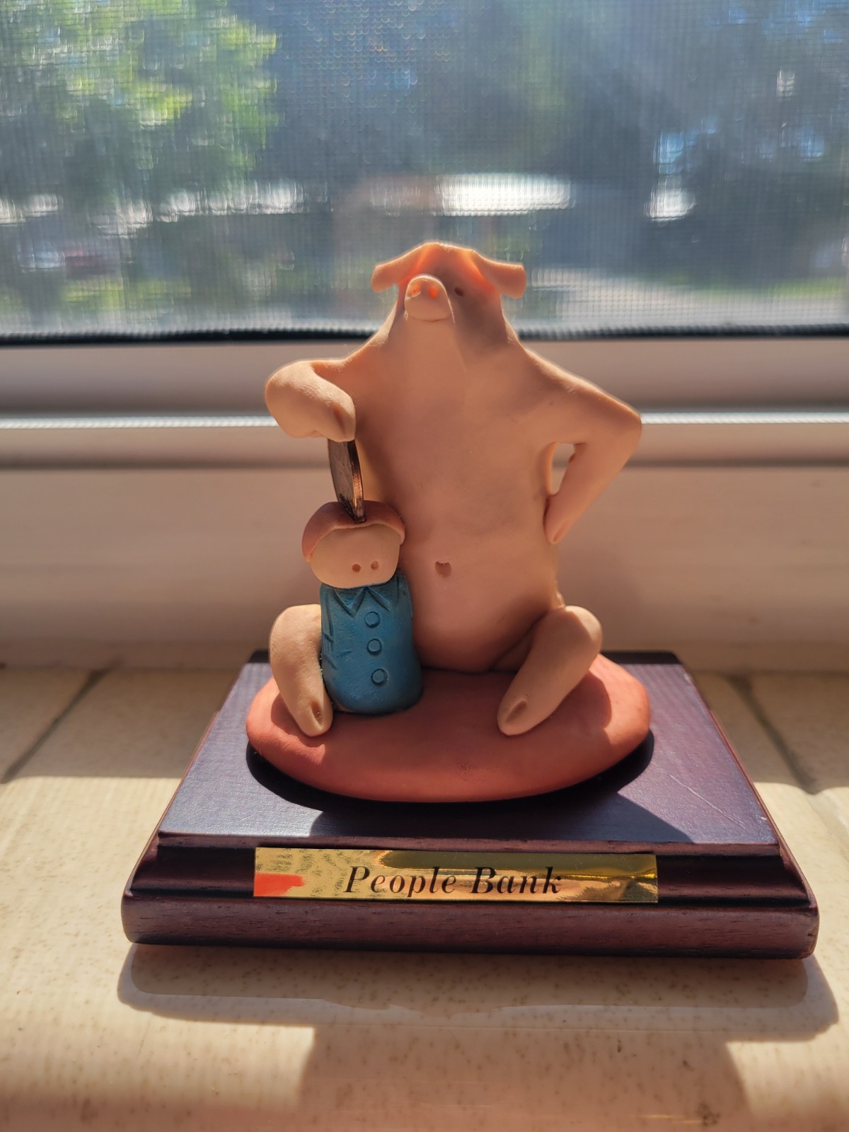 Hand Crafted Sculptures Betty Difuntorum People Bank Pig Wood Sculpture 1998