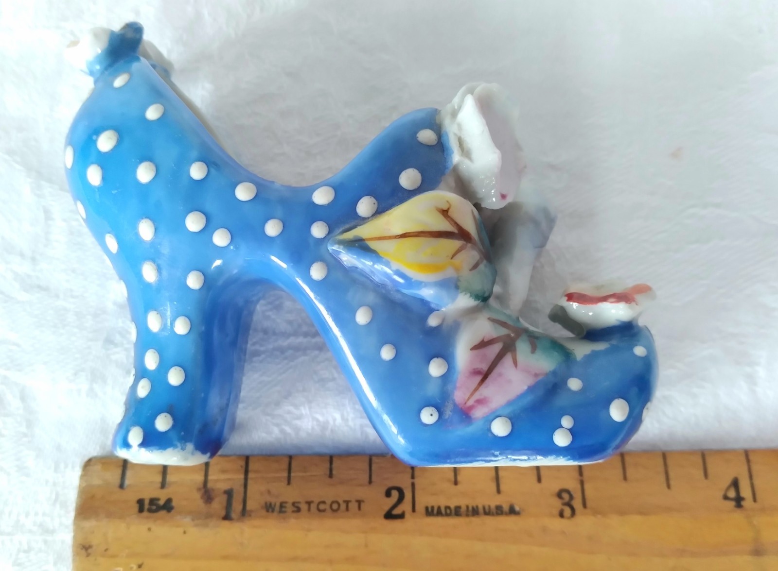 Vintage Bright Blue Polka Dot High Heel Shoe Hand Painted Leaf Flower Gold Japan