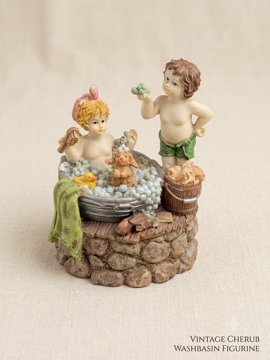 Vintage Cherub Bath Time Musicbox , Tub Bubbles Duck Dog Resin Statue Decor