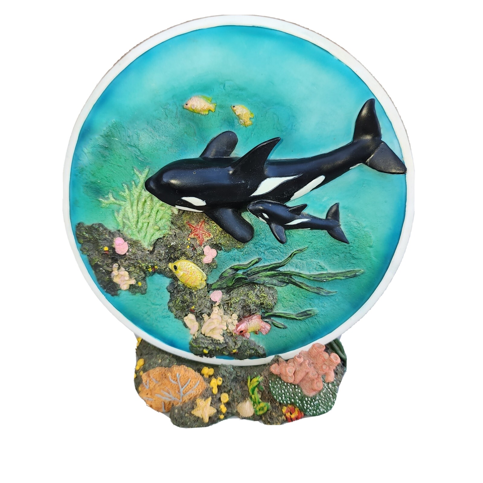 VTG 1980s Orca Mother & Baby Sealife Coral Reef 3D Ceramic & Resin Plate w/Stand
