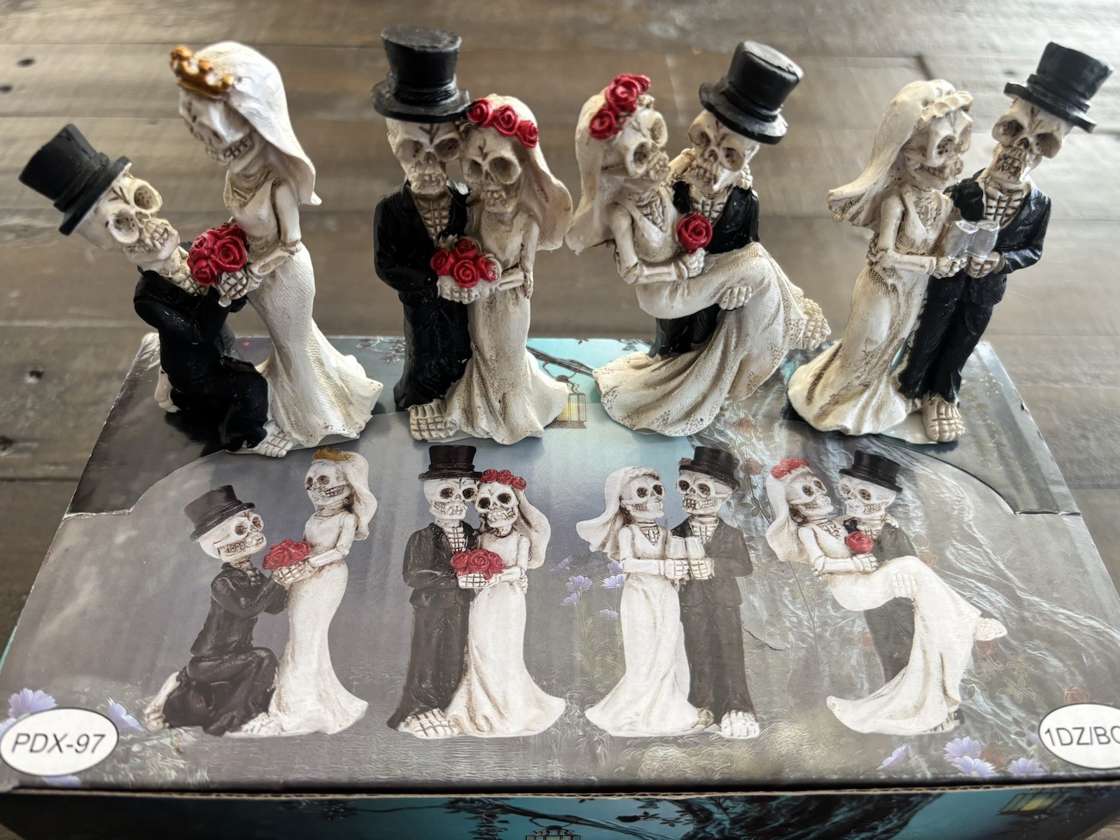 12pcs Skeleton Bride & Groom Wedding Resin Figurines Black/White/Red