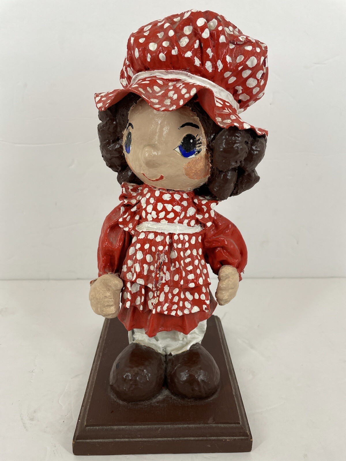 VTG Hand crafted Painted Paper mache Collectible. Figure Girl In Dress On Stand