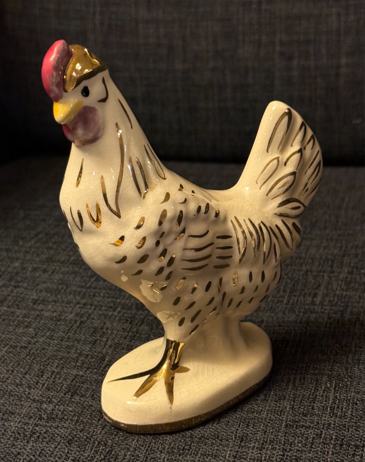 VTG Porcelain Rooster Chicken Hen Figurine Elegant White & Gold Accent Farmhouse