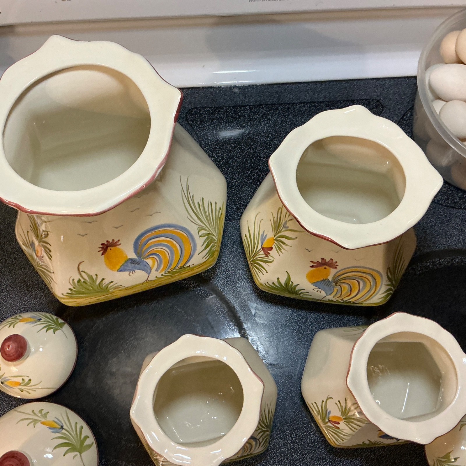 J. Willfred Sadek Hand Painted Ceramic Rooster Canister Set