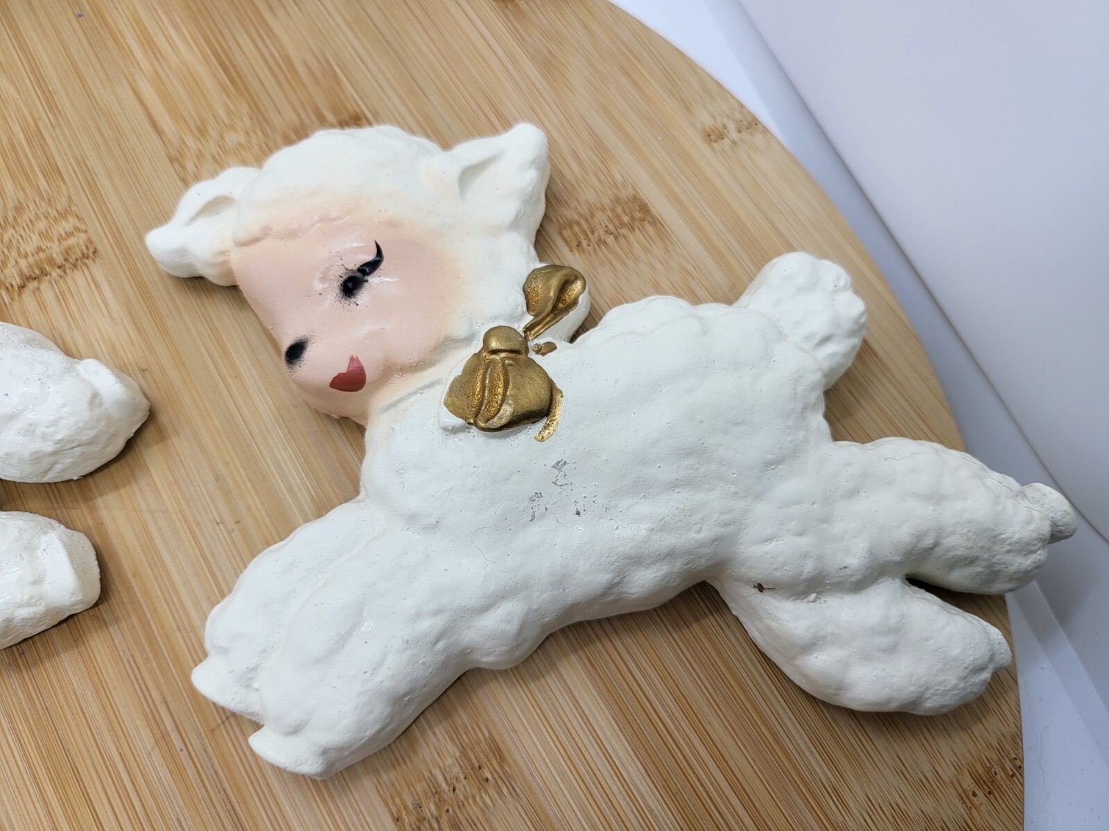 Set Of Three Chalkware Lamb Sheep Wall Hanging Decor