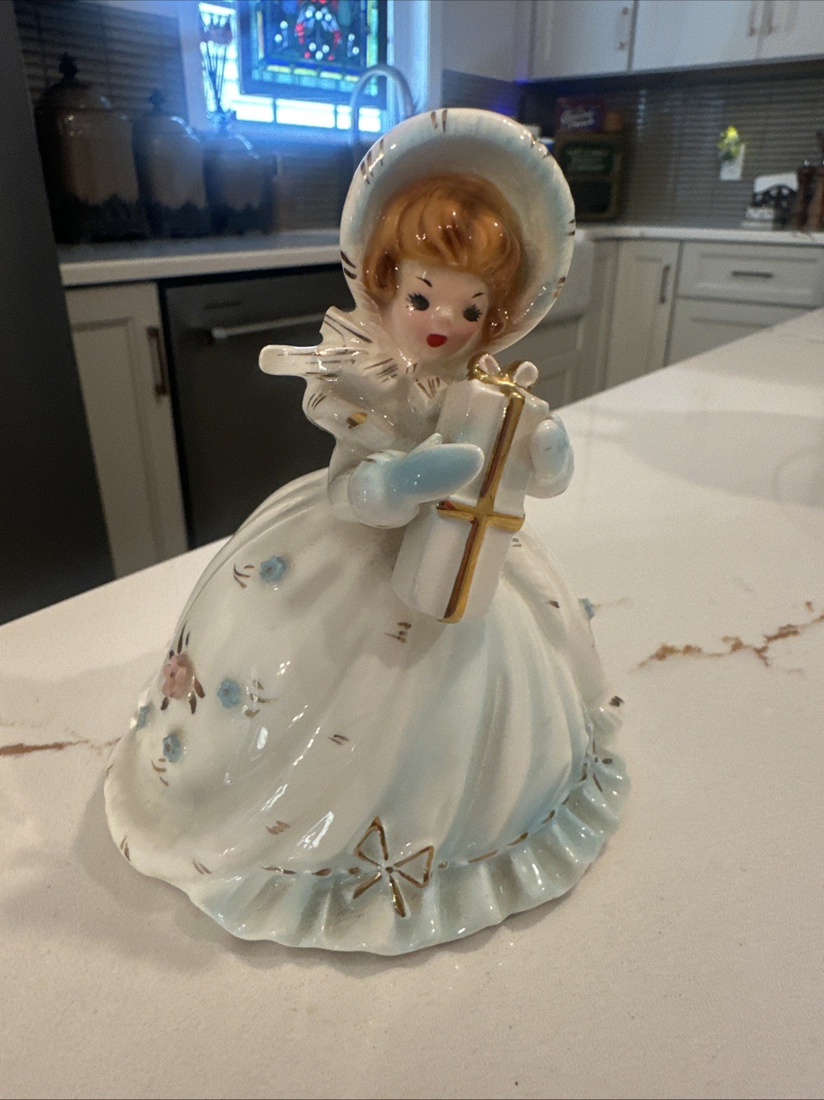 Vintage JOSEF ORIGINALS WINTER GIRL FIGURINE Girl With Present Hat Christmas