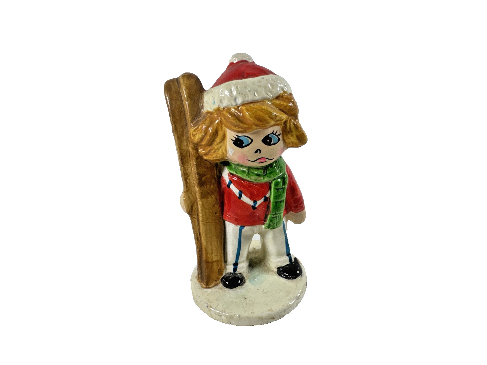 Vtg 1950s Japan 2.5″ T Enesco Skiing Ceramic Girl Figurine