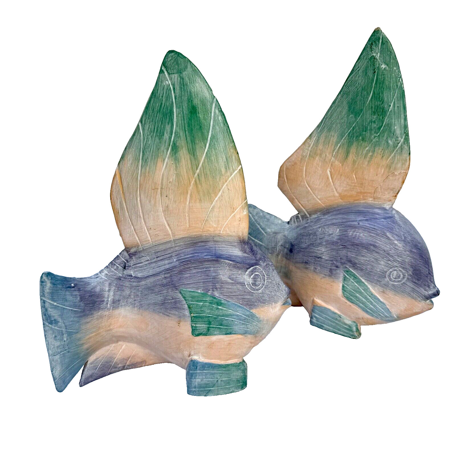 Pair of Vintage Hand Painted Plaster Angel Fish Figurines 11″ T x 8″ L x 3″ W