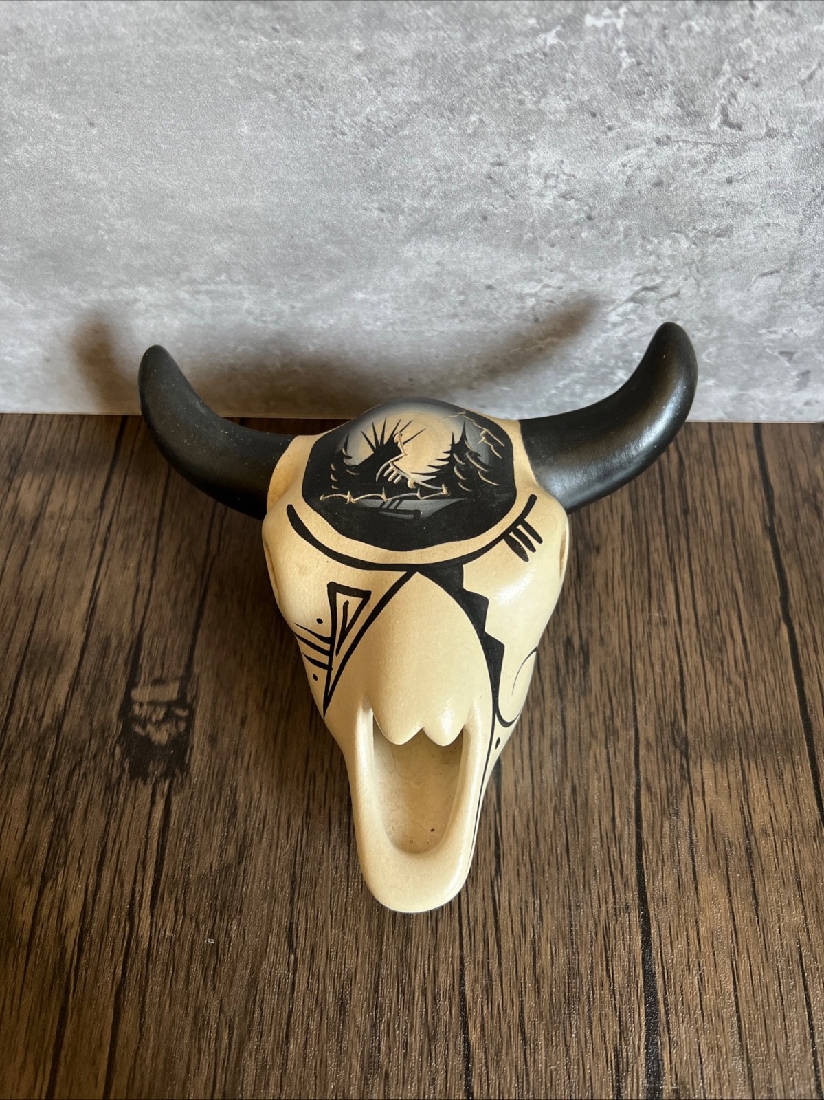 Vintage navajp Ceramic Steer Skull Wall Decor Signed Yazzie Dineh Sgraffito Art
