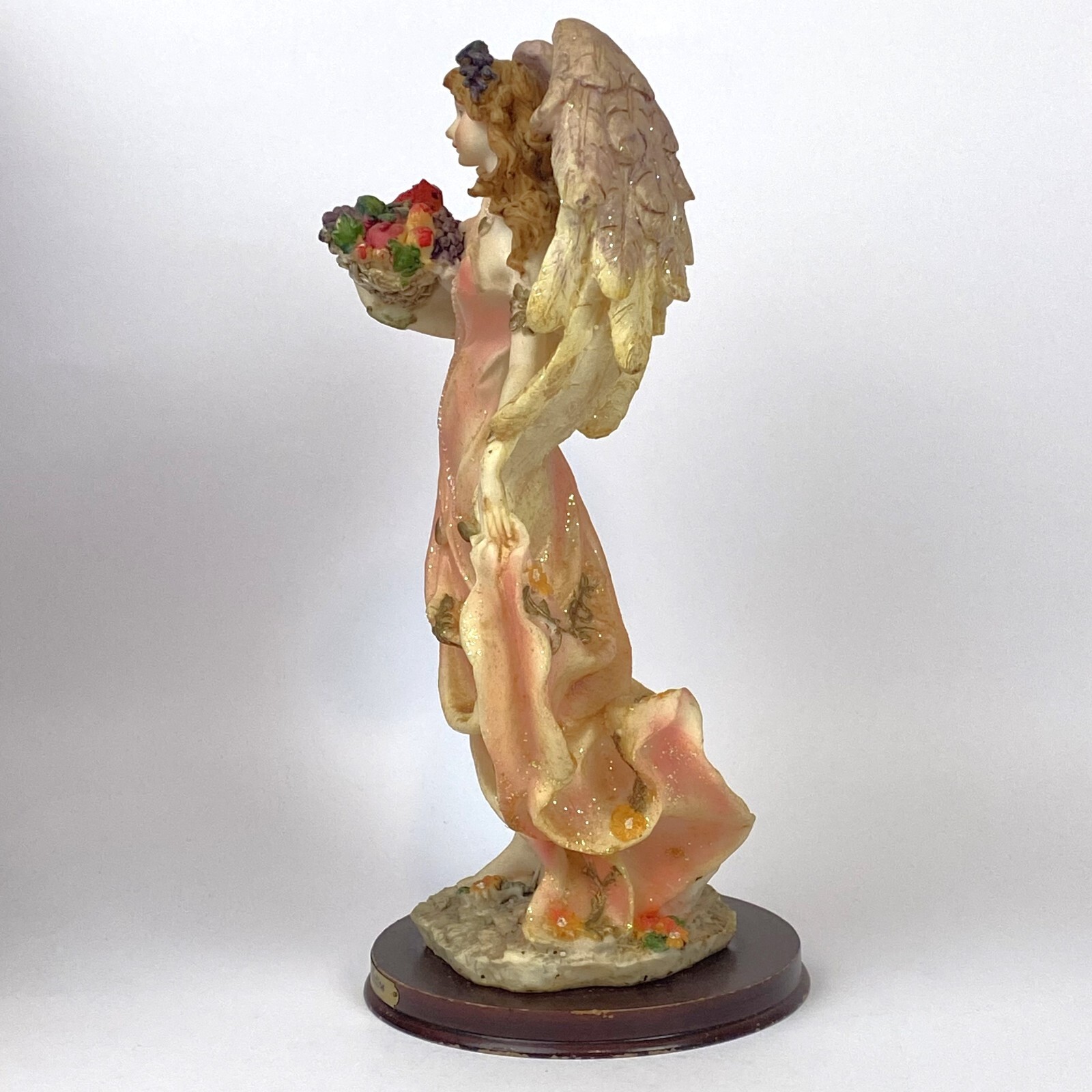 Resin Angel Holding Fruit Basket Sparkling Glitter Wings Pink Dress 11-Inches
