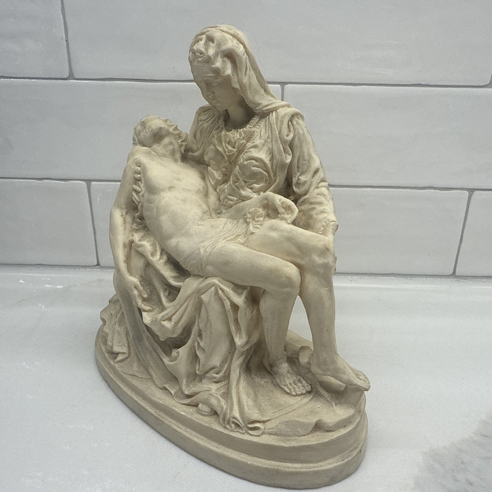 Italian Pieta Sculpture After Michelangelo P.A.T. Alabaster Religious Statue 6”
