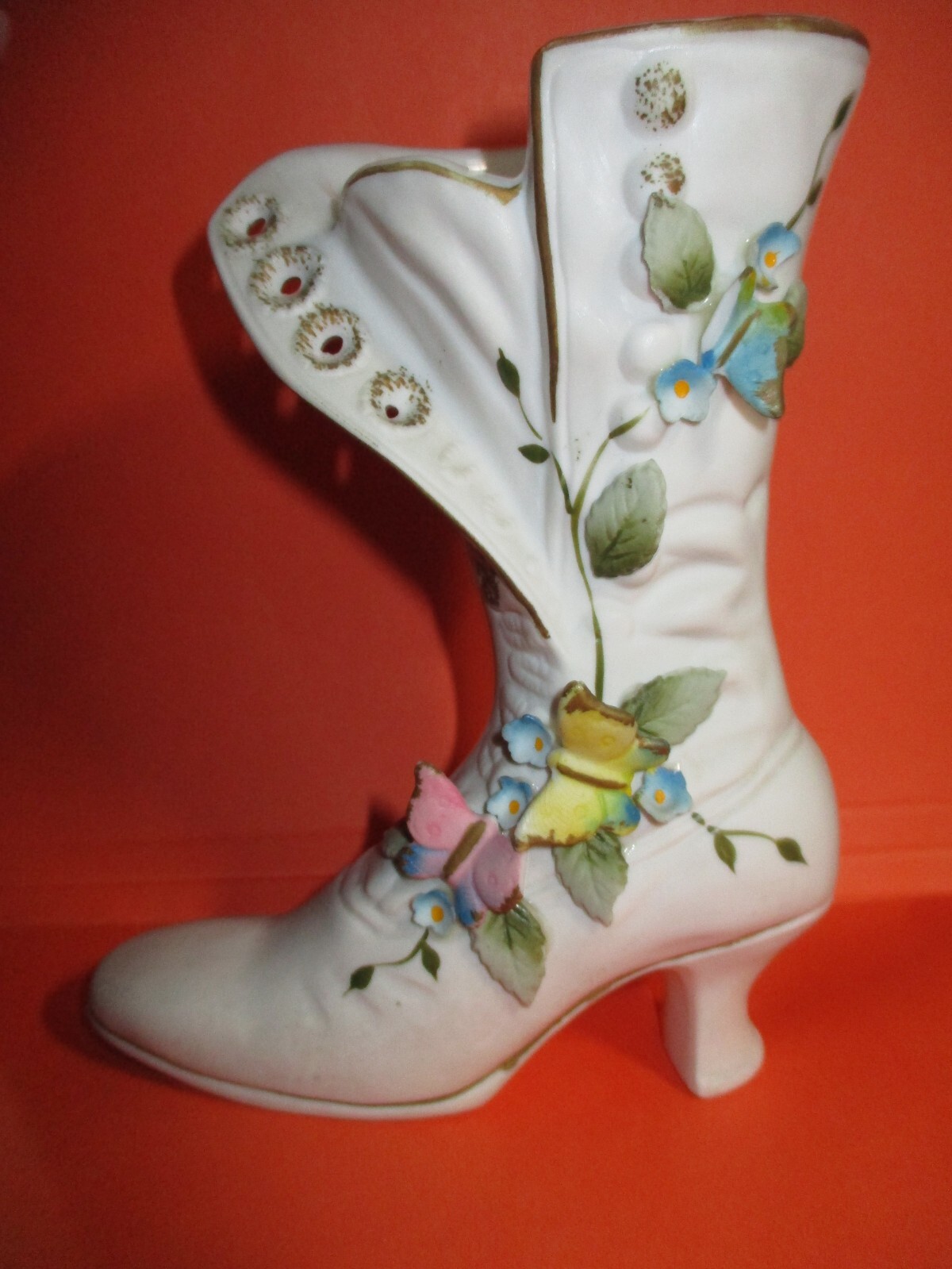Vintage White Porcelain Boot Vase with Butterflies 6.25″ tall
