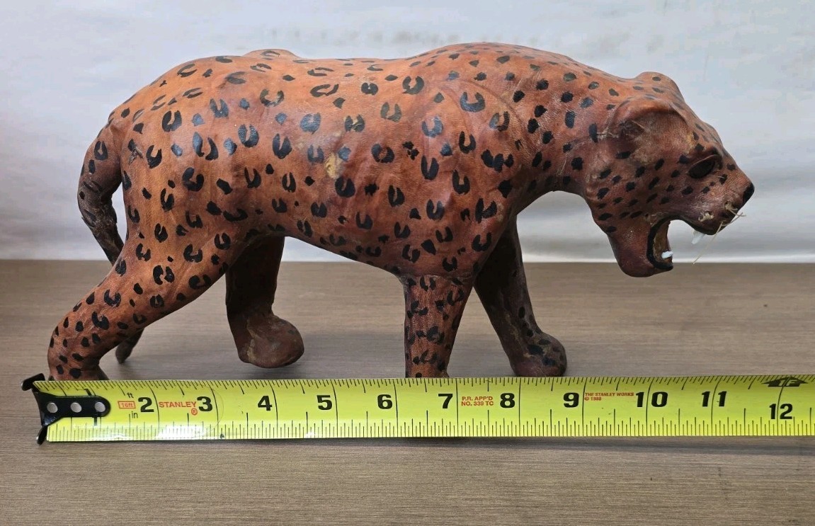 Vintage Leather Wrapped Jaguar Leopard Panther Cheetah Whiskers Teeth Glass Eyes