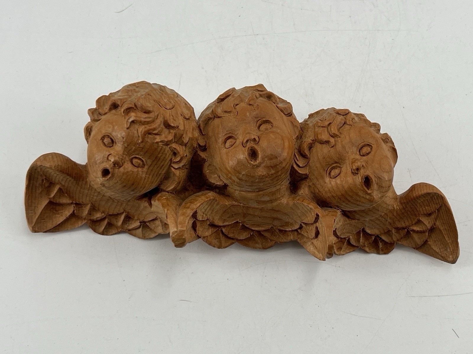 Vtg Wood Carved Angelic Children Cherubs Putti 3d Sculpture Wall Decor 7×2.5