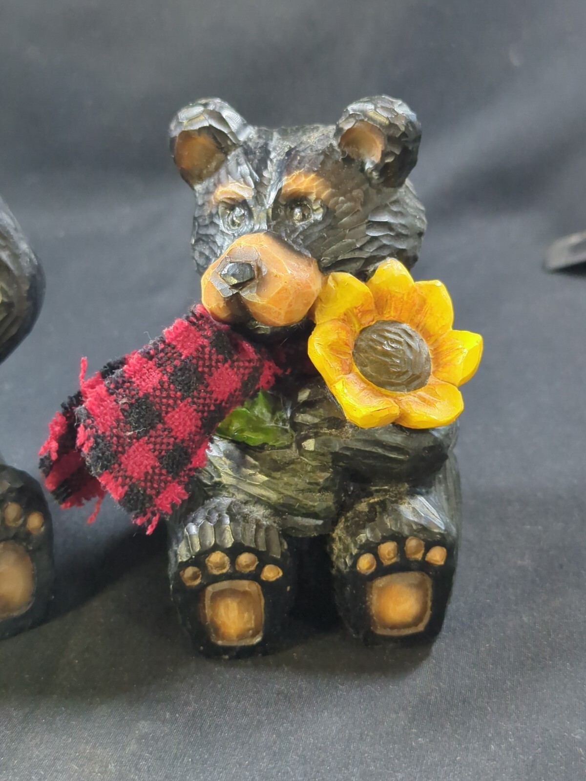 Set 3 Young’s Bears Black Red Plaid Scarf Resin Carved Look Cabin Decor Figure
