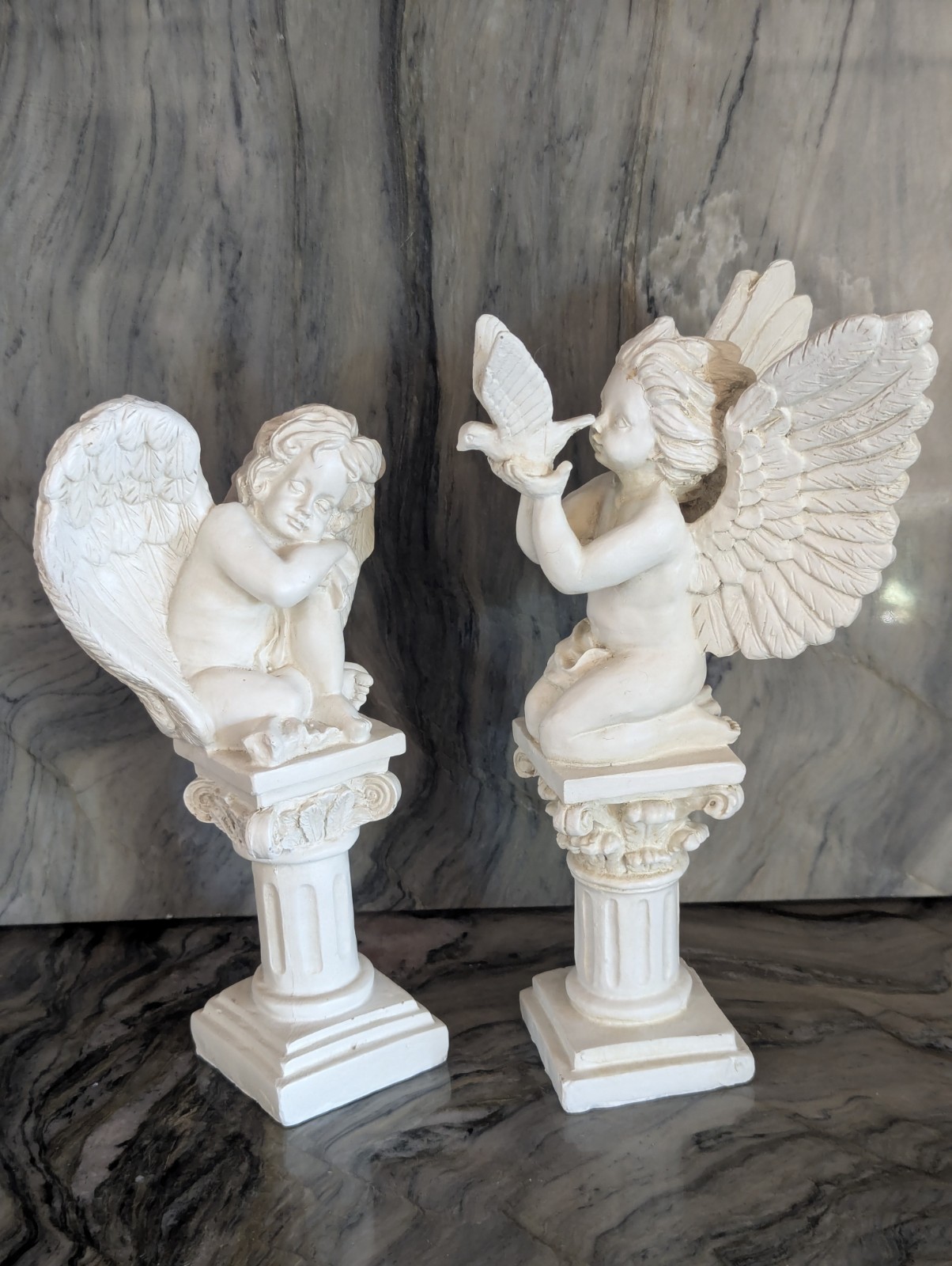 Cherub Angel Statue Pair Corinthian Column Pedestals Dove Wings 8″ 9″ Decor