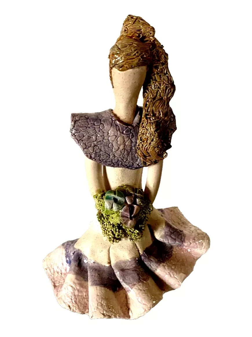 Hand Sculpted Clay Female Figurine 6-3/4 in. Tall Lavender Accents
