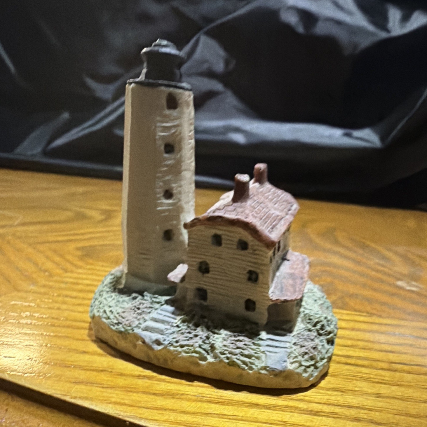 Nautical Lighthouse & House Painted Resin Figurine Beige Brown Green Black 3D