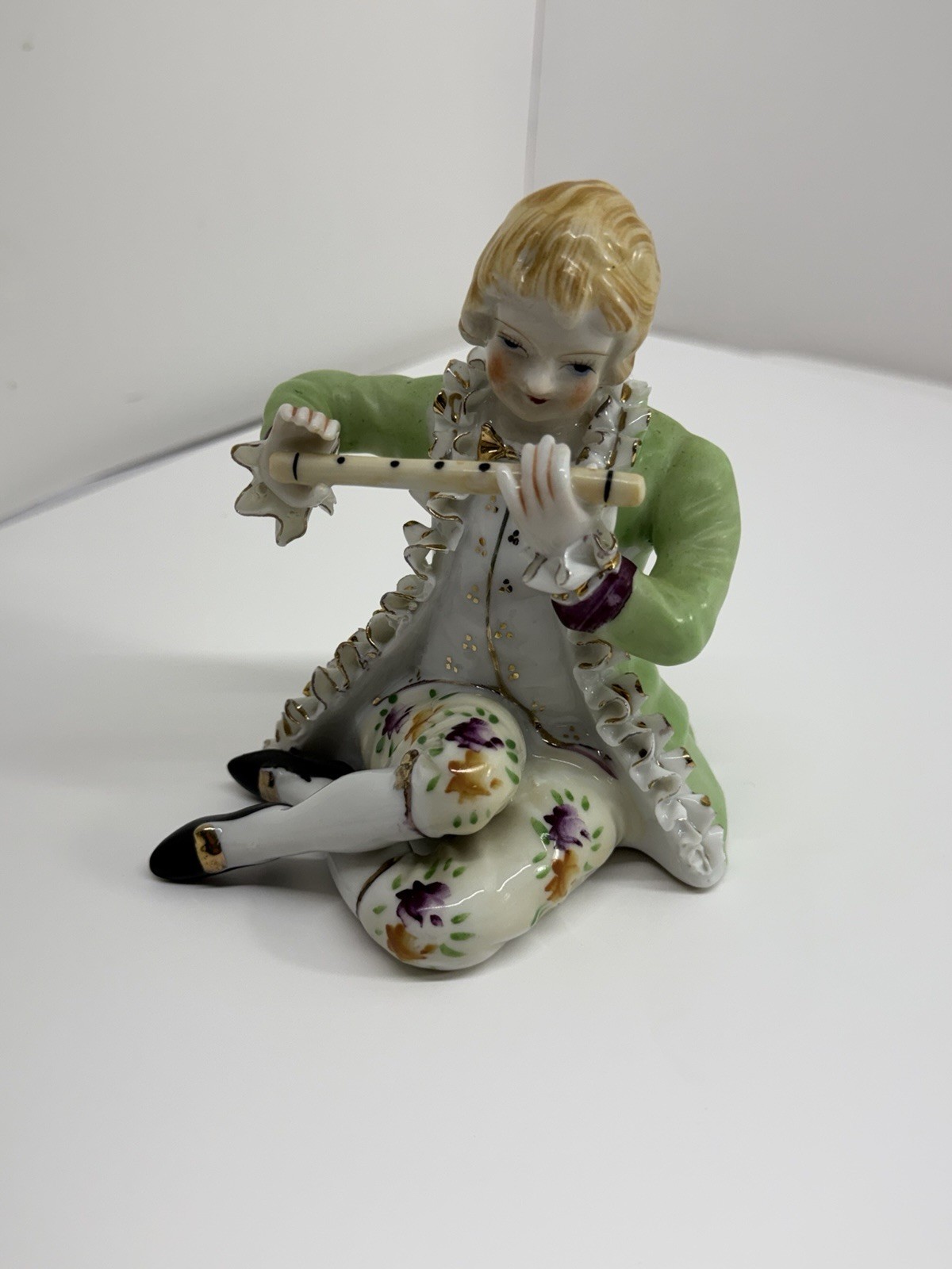 Vintage Made in Japan Porcelain Boy Playing Flute Figurine Green Coat 5” Gold T