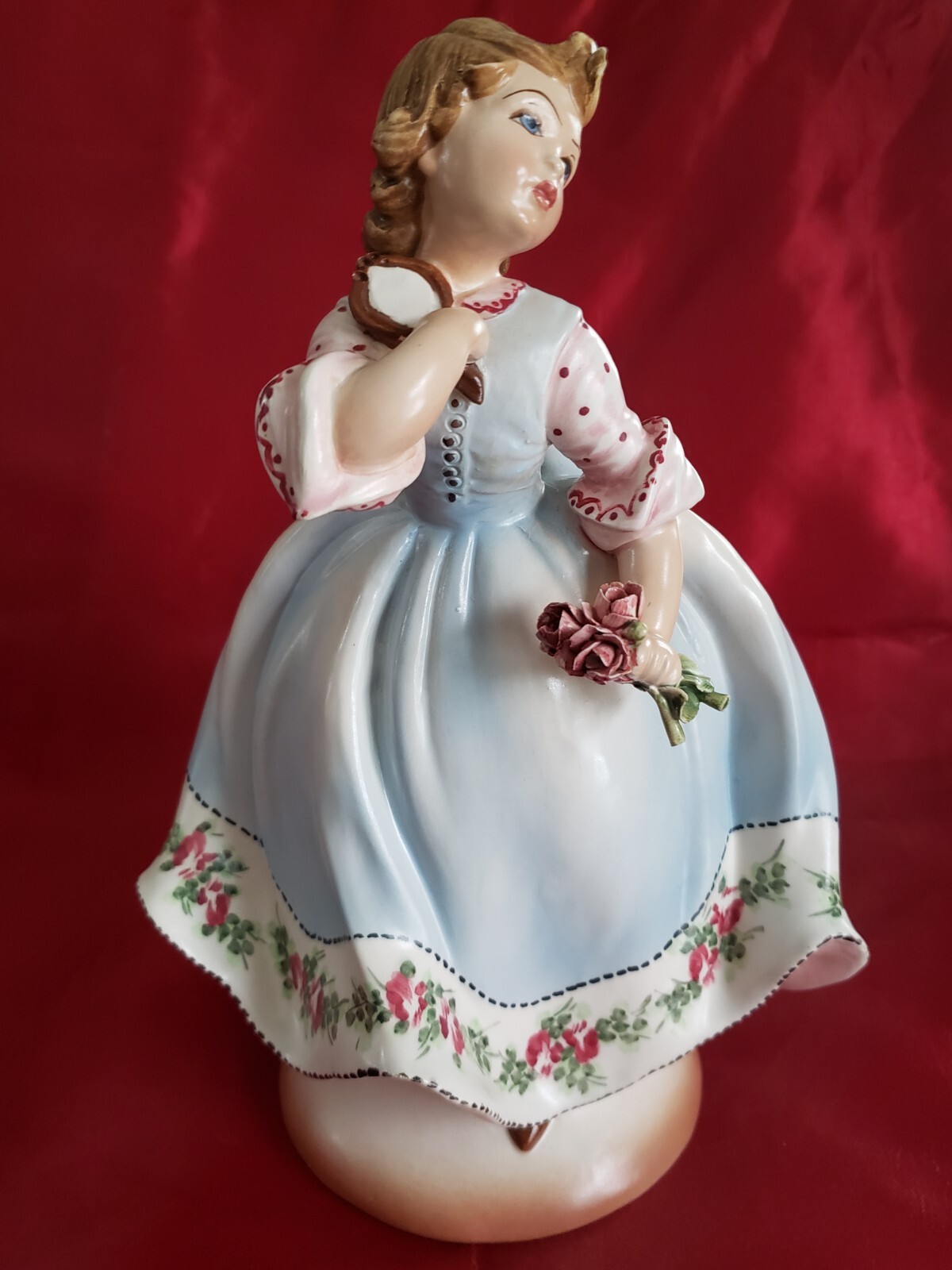 Porcelain Signed Girl Figurine with Mirror and Flowers 10.5″ Tall Made in Italy