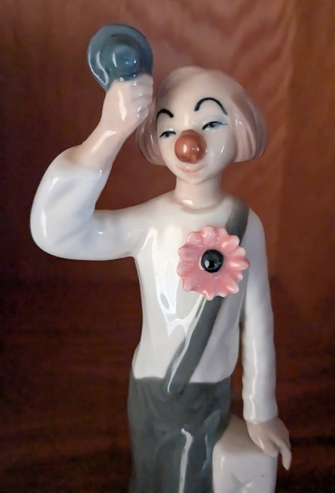 Casabes Ceramic Clown Figurine Pink Flower Blue Hat White Gray Glossy Circus