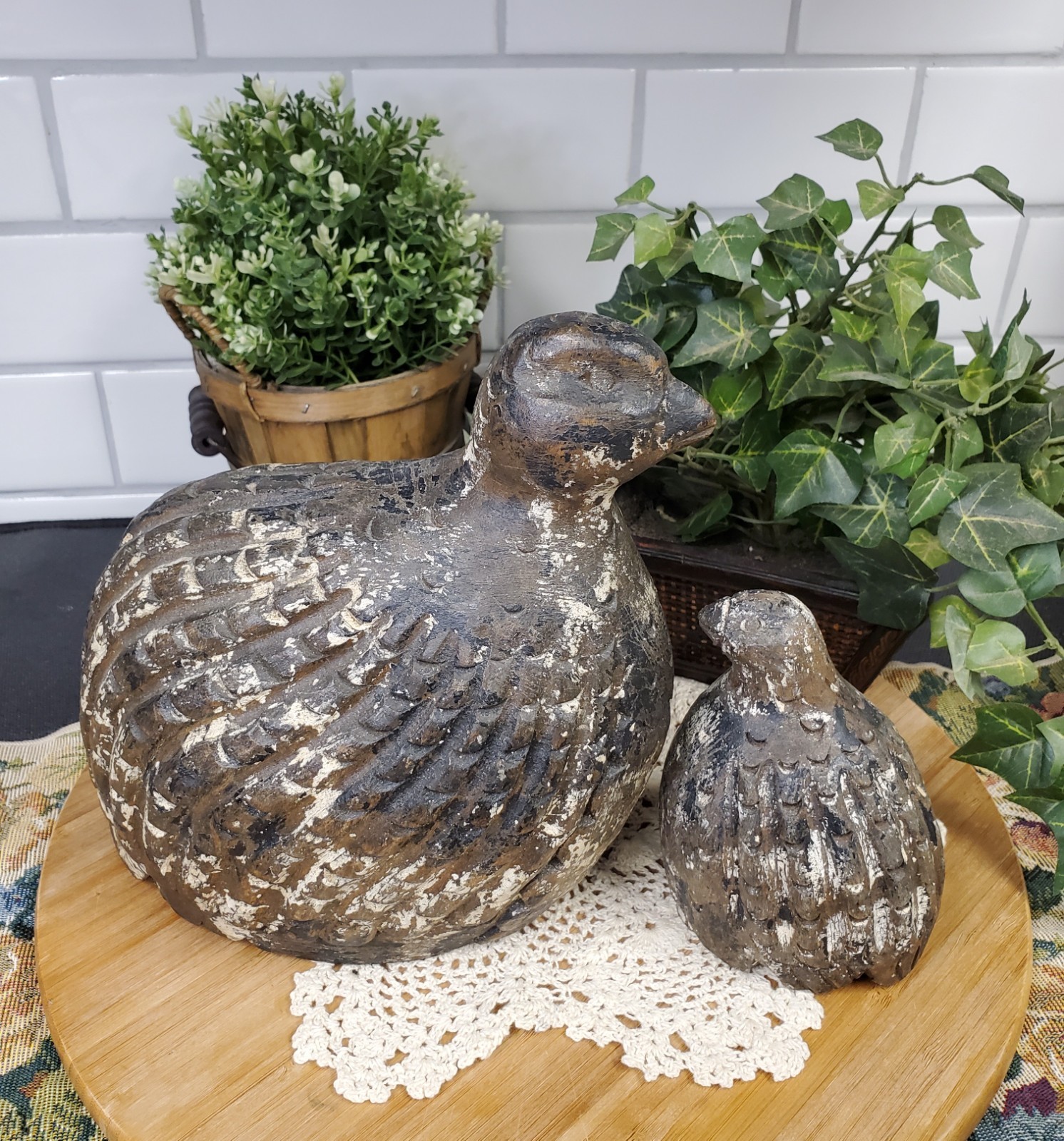 Rare Pair of Resin Wood-like Quail Hen & Chick Figurines