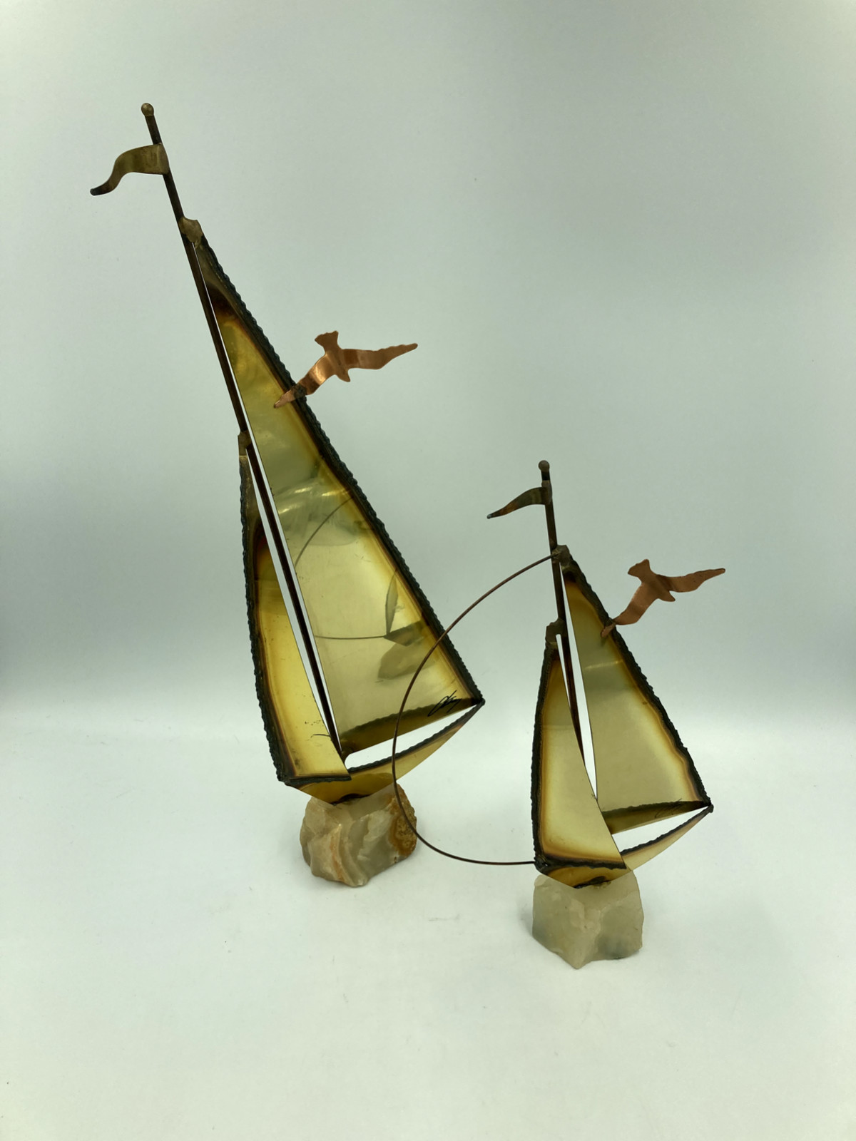 pair sculptural sheet~brass/metal sailboats – 9″ & 14″ same make/signed & VGC…