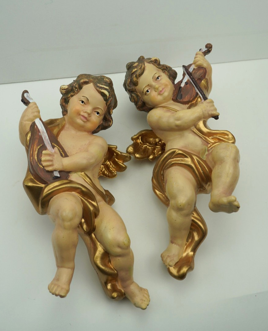 Vintage 10” Musical Cherub Wall Plaques Pair Gold Gilt Angel Putti Ornament Set