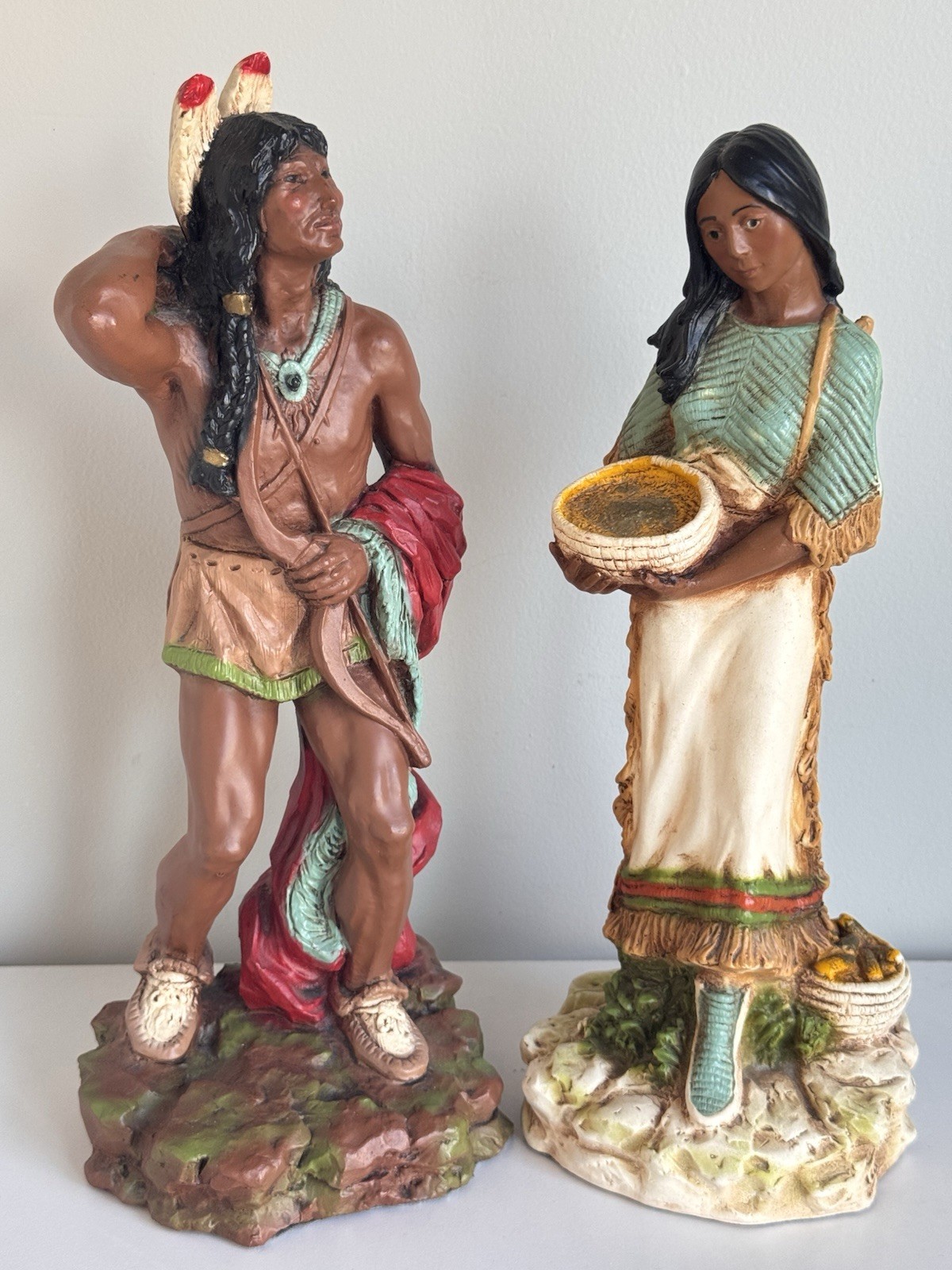 Vintage 1976 & 1980 Native American 2 Statue Set Indian Man Woman Baby Figure