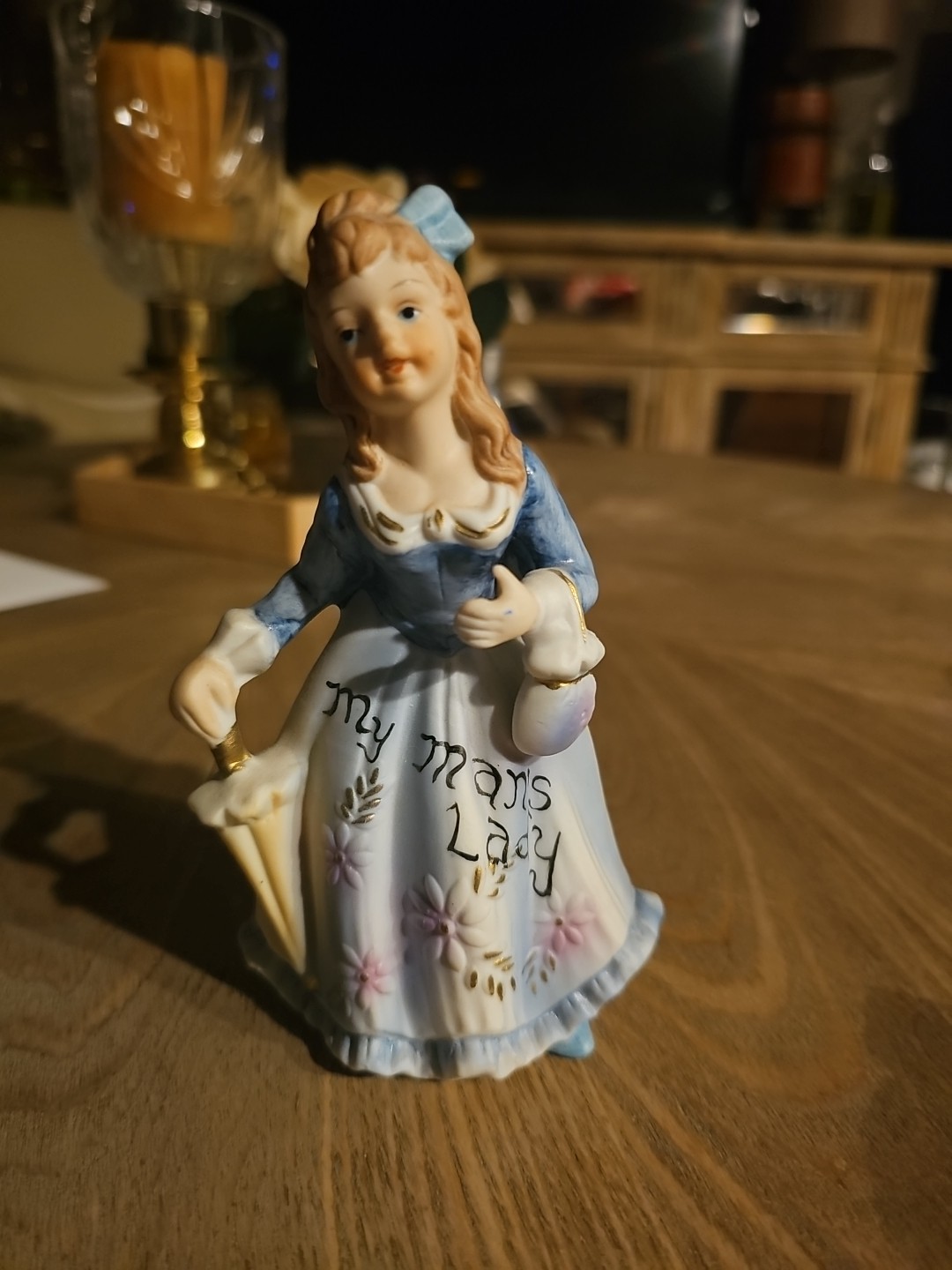 Vintage Ceramic Porcelain Figurine Of Lady In Blue Dress Holding umbrella 5.75″