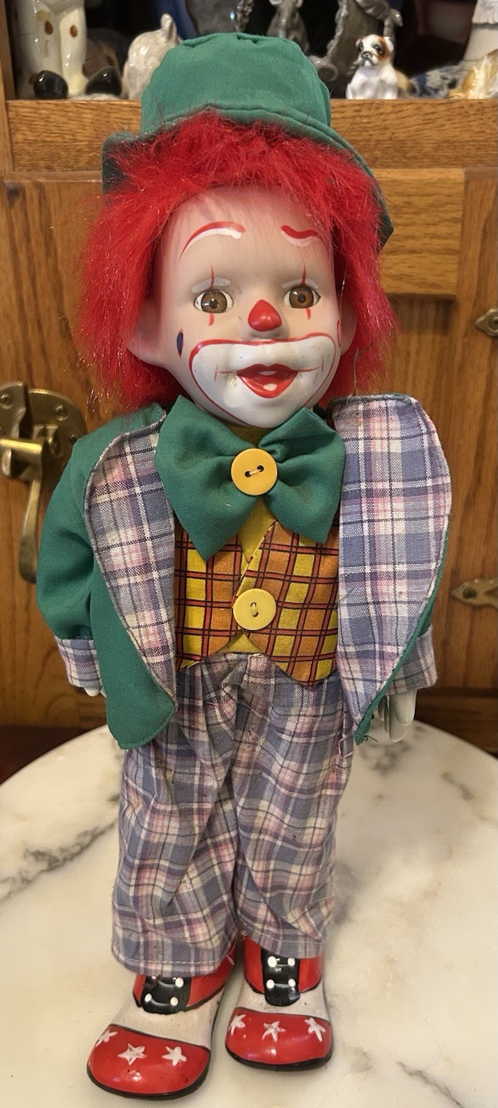 Vintage 14″ Porcelain Hobo Clown Figurine with Plaid Pants and Big Circus Shoes