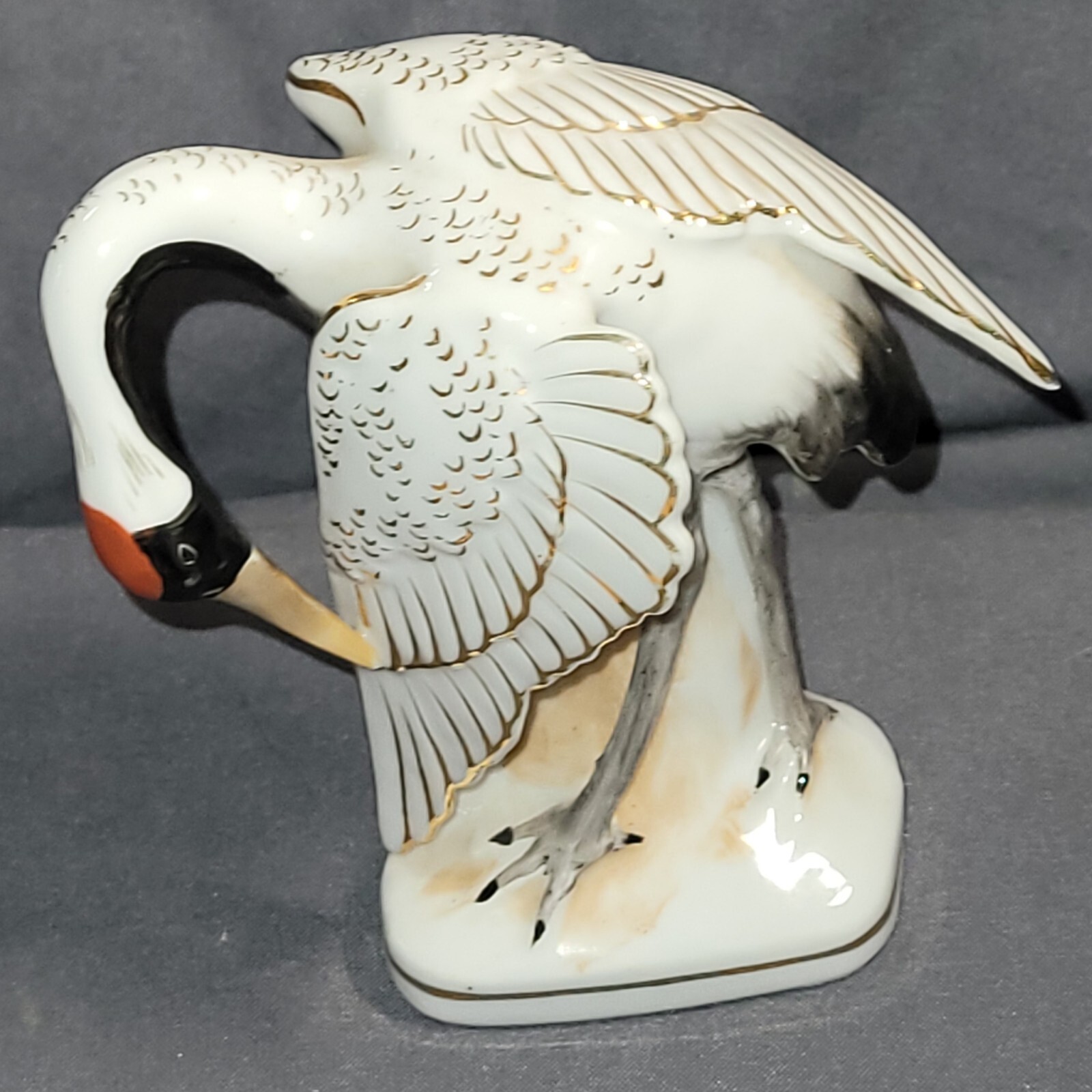 Vintage White Bird Gold Trim Made In Japan Black Red Heron ? Ceramic