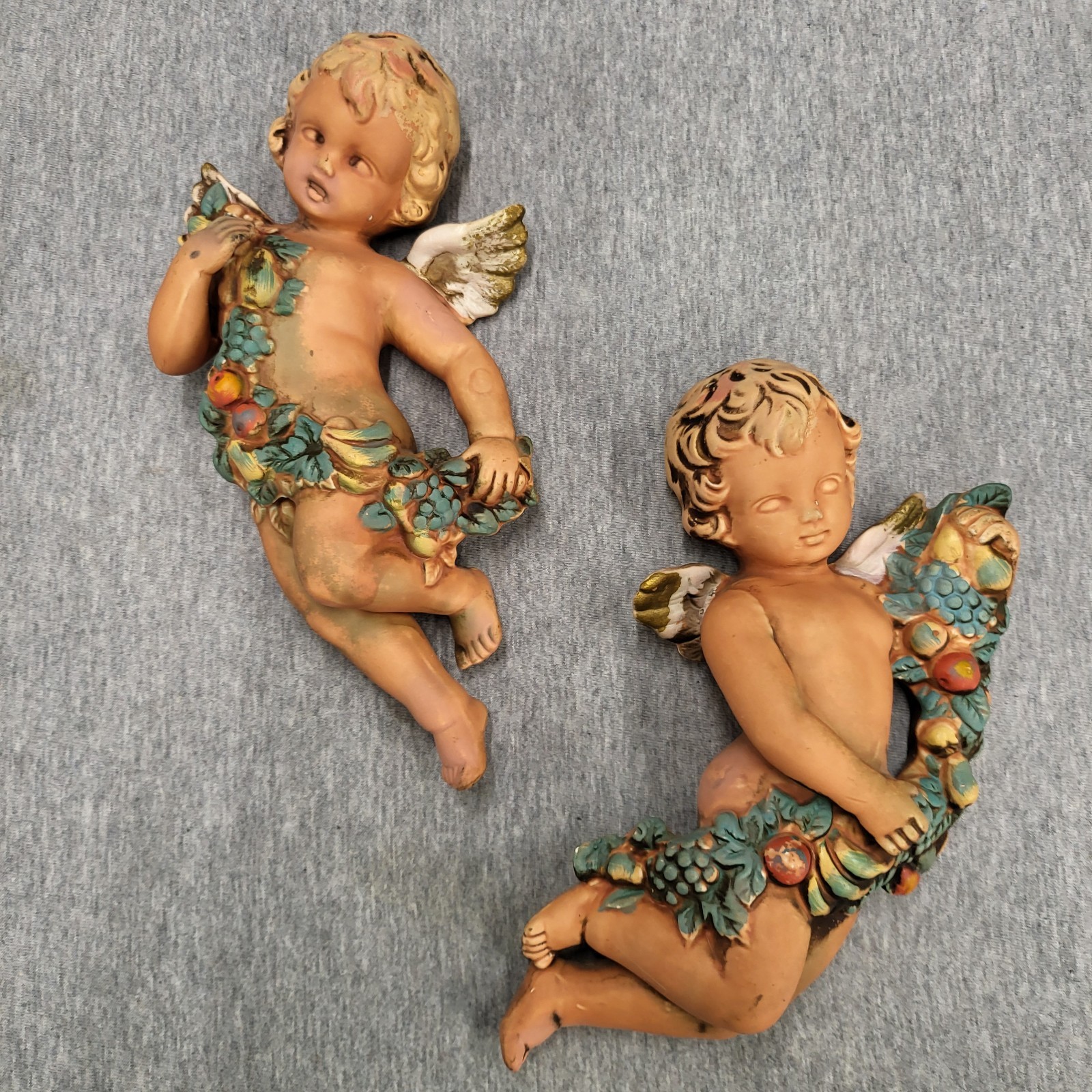 Vintage Ceramic Cherub Putti Wall Plaque Pair Harvest Fruit Angel Set of 2