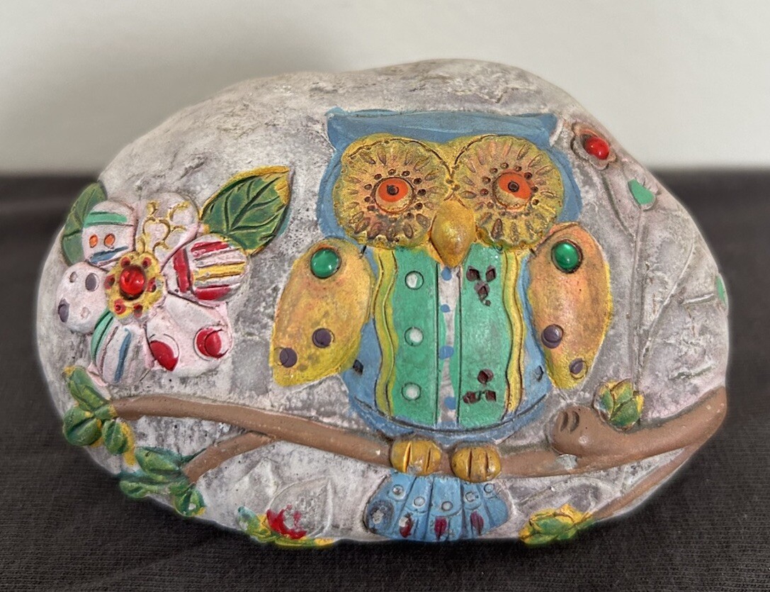 Owl On Tree Limb faux stone Boho Style Colorful Painted MayRich Company