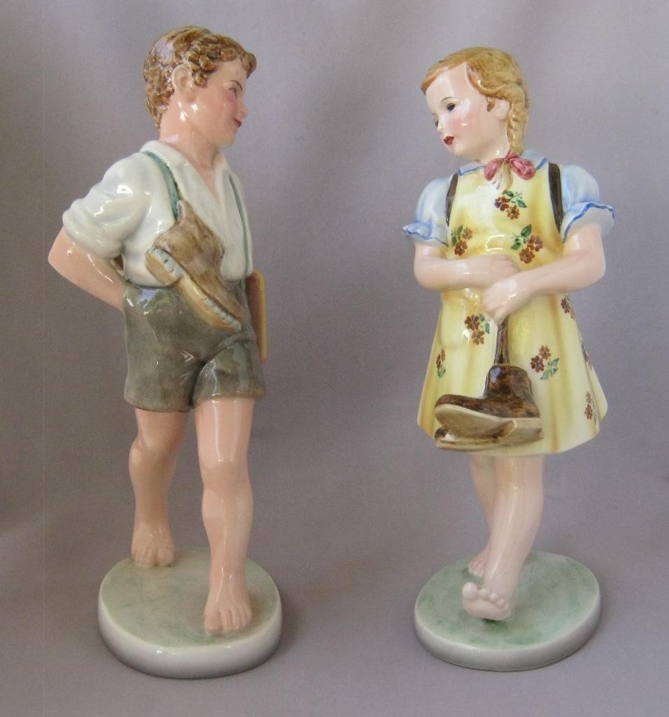 Authentic Set Keramos Dakon Glass Porcelain School Boy Girl Wien Austria Vienna