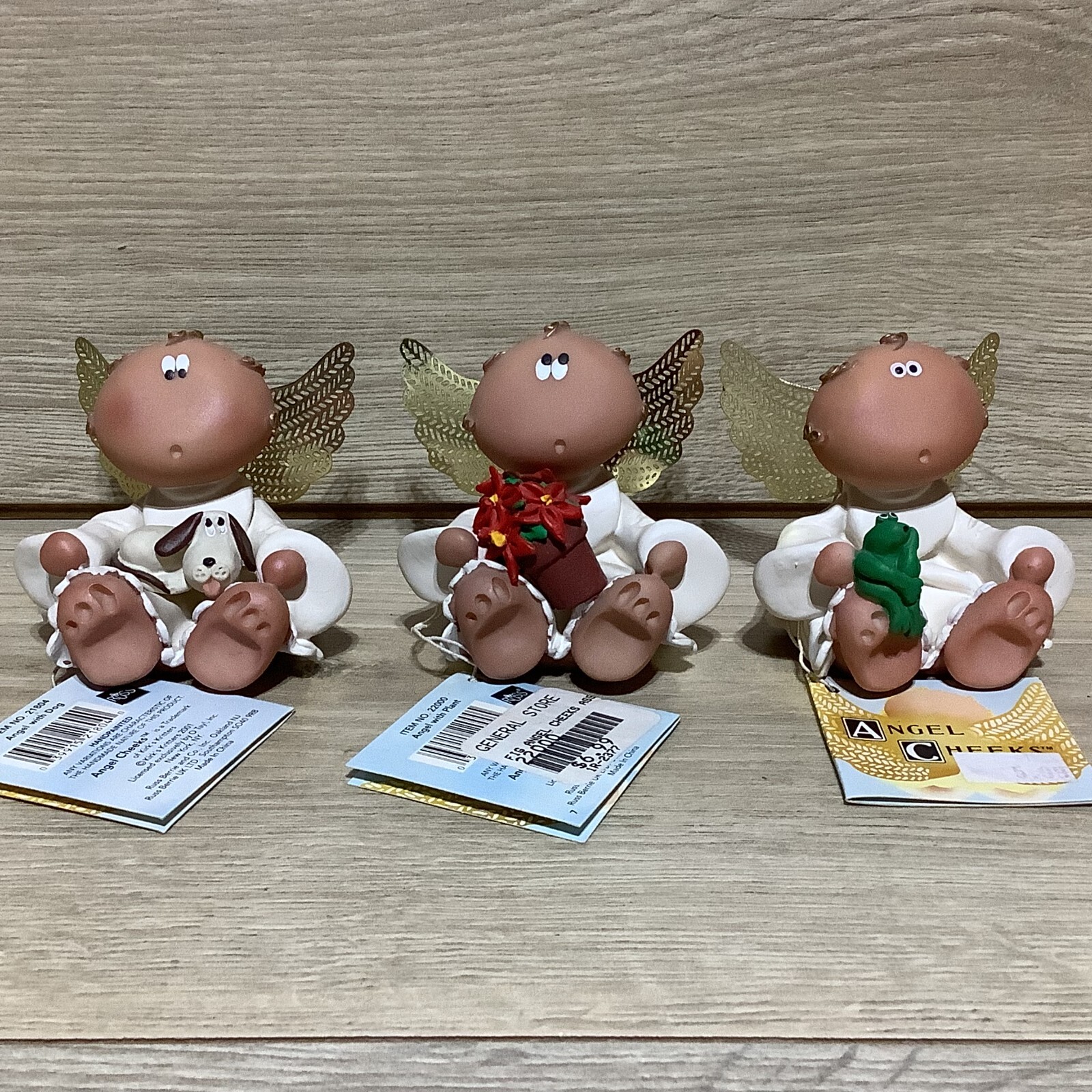 3 – VTG Russ Kirks Kritters 2001 Angel Cheeks Figurines With Tags Dog Frog Plant